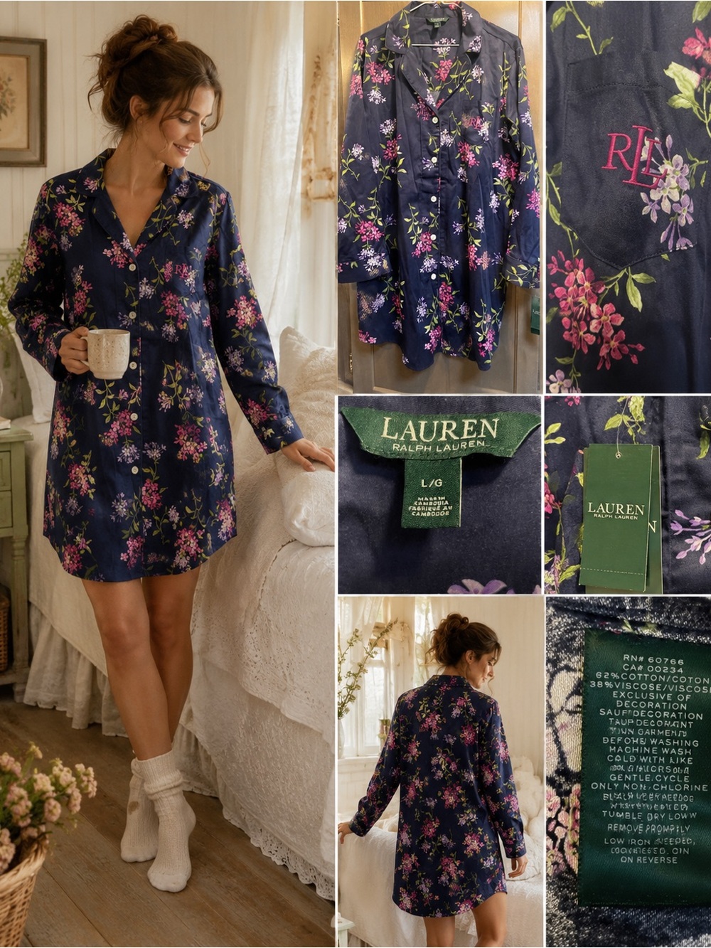 NWT L Ralph Lauren Floral / Sleep Shirt LRG Navy Button Front Lounge Dress